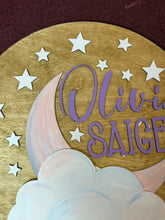 Load image into Gallery viewer, Custom Baby Name Sign | Hand Painted Nursery Wall Decor | Moon & Stars Baby Room Sign | Personalized Baby Name Plaque | Nursery Decor