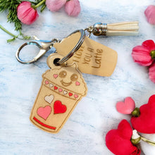 Load image into Gallery viewer, Wood Funny Food Valentine Keychains Waffle Donut Jam Latte with Mini Tassle