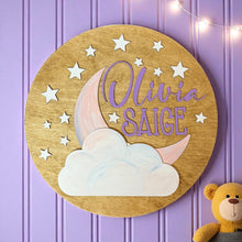 Load image into Gallery viewer, Custom Baby Name Sign | Hand Painted Nursery Wall Decor | Moon & Stars Baby Room Sign | Personalized Baby Name Plaque | Nursery Decor