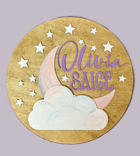 Load image into Gallery viewer, Custom Baby Name Sign | Hand Painted Nursery Wall Decor | Moon &amp; Stars Baby Room Sign | Personalized Baby Name Plaque | Nursery Decor
