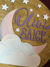 Load image into Gallery viewer, Custom Baby Name Sign | Hand Painted Nursery Wall Decor | Moon &amp; Stars Baby Room Sign | Personalized Baby Name Plaque | Nursery Decor
