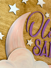 Load image into Gallery viewer, Custom Baby Name Sign | Hand Painted Nursery Wall Decor | Moon &amp; Stars Baby Room Sign | Personalized Baby Name Plaque | Nursery Decor
