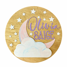Load image into Gallery viewer, Custom Baby Name Sign | Hand Painted Nursery Wall Decor | Moon &amp; Stars Baby Room Sign | Personalized Baby Name Plaque | Nursery Decor
