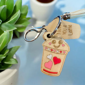 Wood Funny Food Valentine Keychains Waffle Donut Jam Latte with Mini Tassle