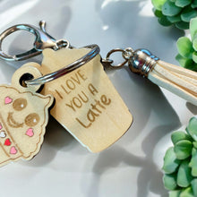 Load image into Gallery viewer, Wood Funny Food Valentine Keychains Waffle Donut Jam Latte with Mini Tassle
