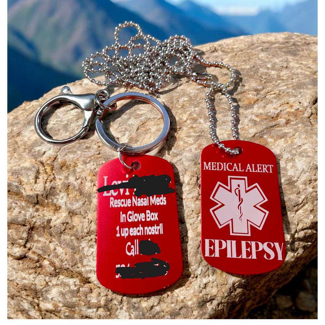 Epilepsy Medical Alert Dog Tag Necklace and Keyring Set